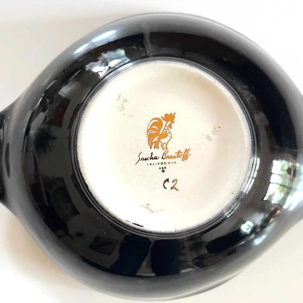 Vintage MCM Sascha Brastoff Black and Green Ceramic Atomic Floral Dish